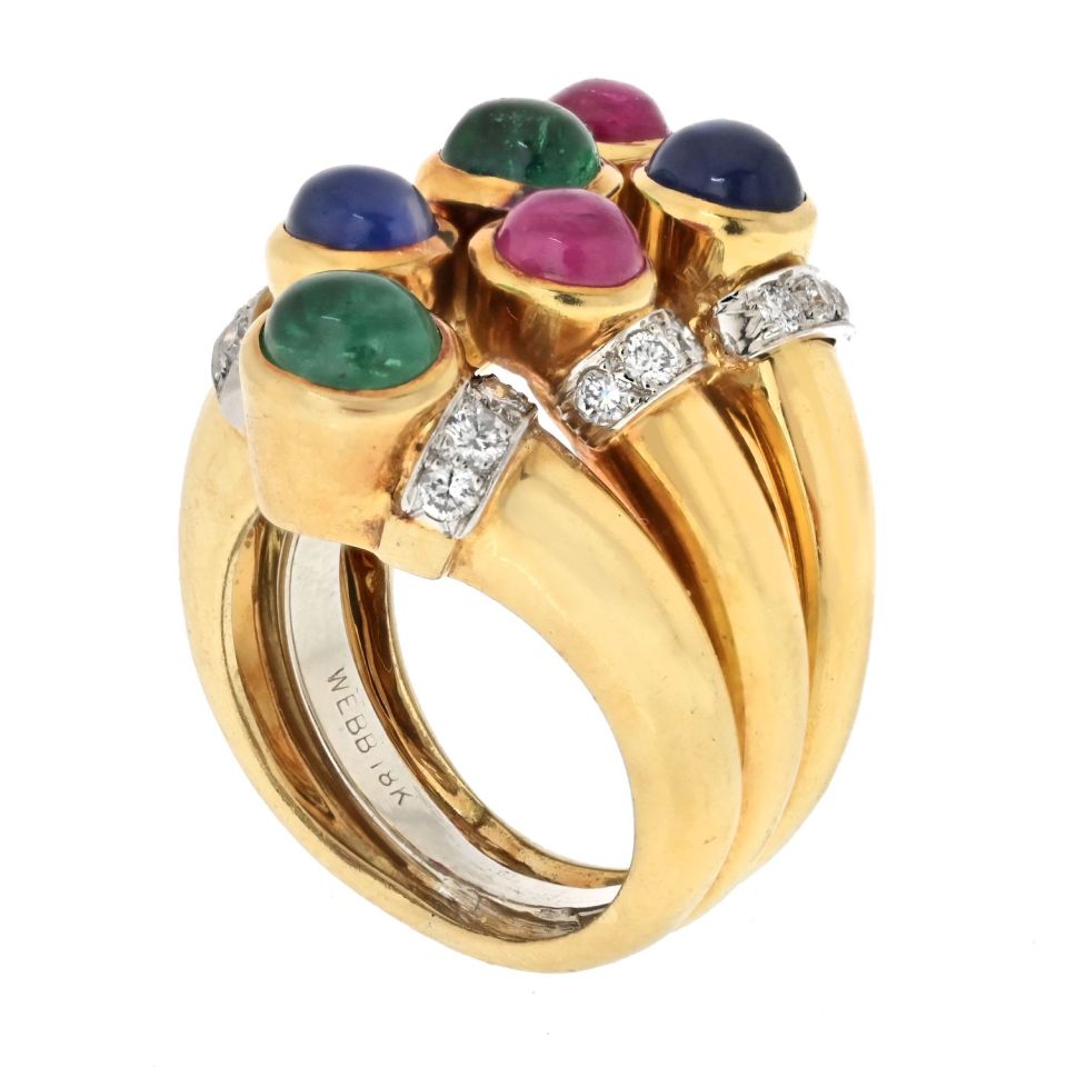 David Webb Platinum & 18K Yellow Gold Multigem Sapphire, Ruby, Emerald And Diamond Cocktail Ring