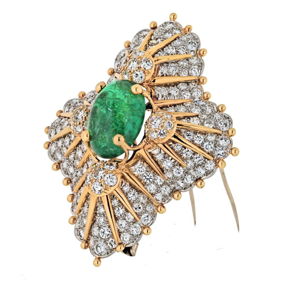 Tiffany & Co. Schlumberger Platinum & 18K Yellow Gold 12.00ct Green Emerald And Diamond Brooch