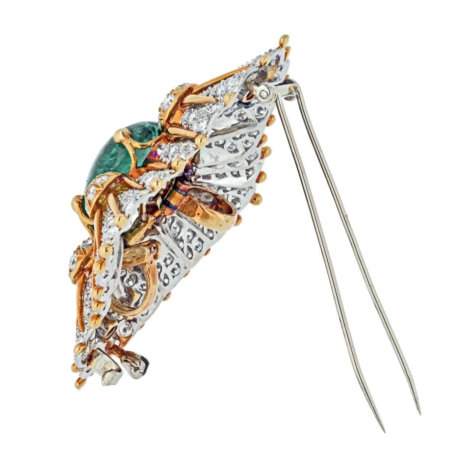 Tiffany & Co. Schlumberger Platinum & 18K Yellow Gold 12.00ct Green Emerald And Diamond Brooch