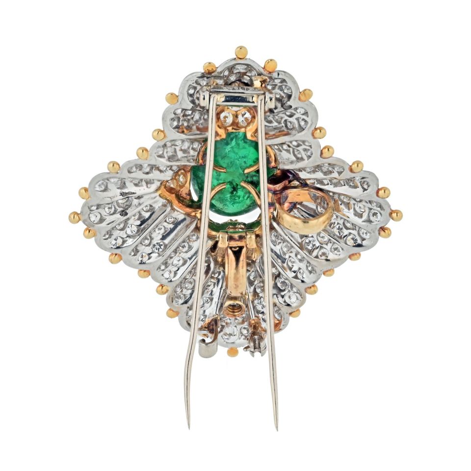 Tiffany & Co. Schlumberger Platinum & 18K Yellow Gold 12.00ct Green Emerald And Diamond Brooch