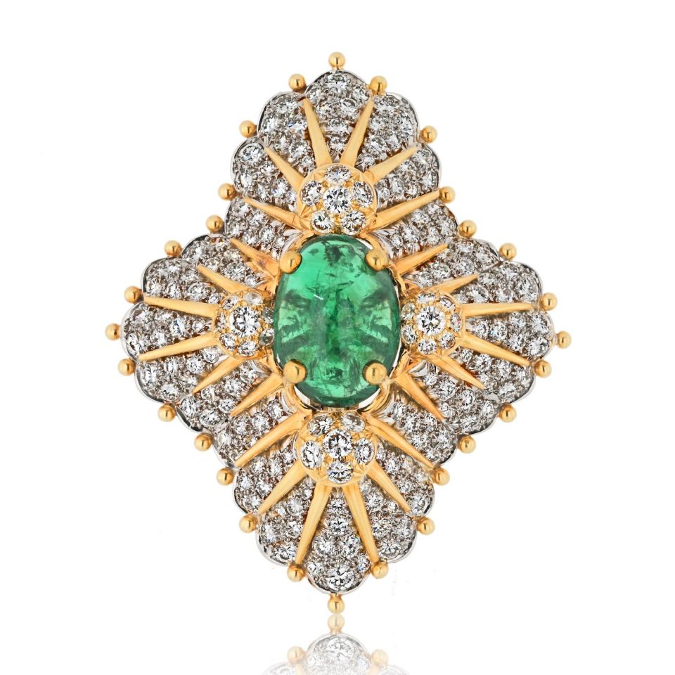 Tiffany & Co. Schlumberger Platinum & 18K Yellow Gold 12.00ct Green Emerald And Diamond Brooch