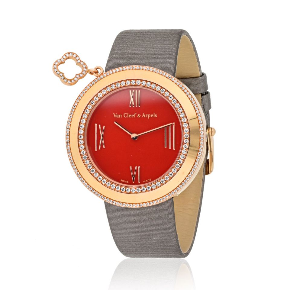 Van Cleef & Arpels 18K Rose Gold Charms Carnelian Dial 38mm Double Row Diamond Bezel Watch