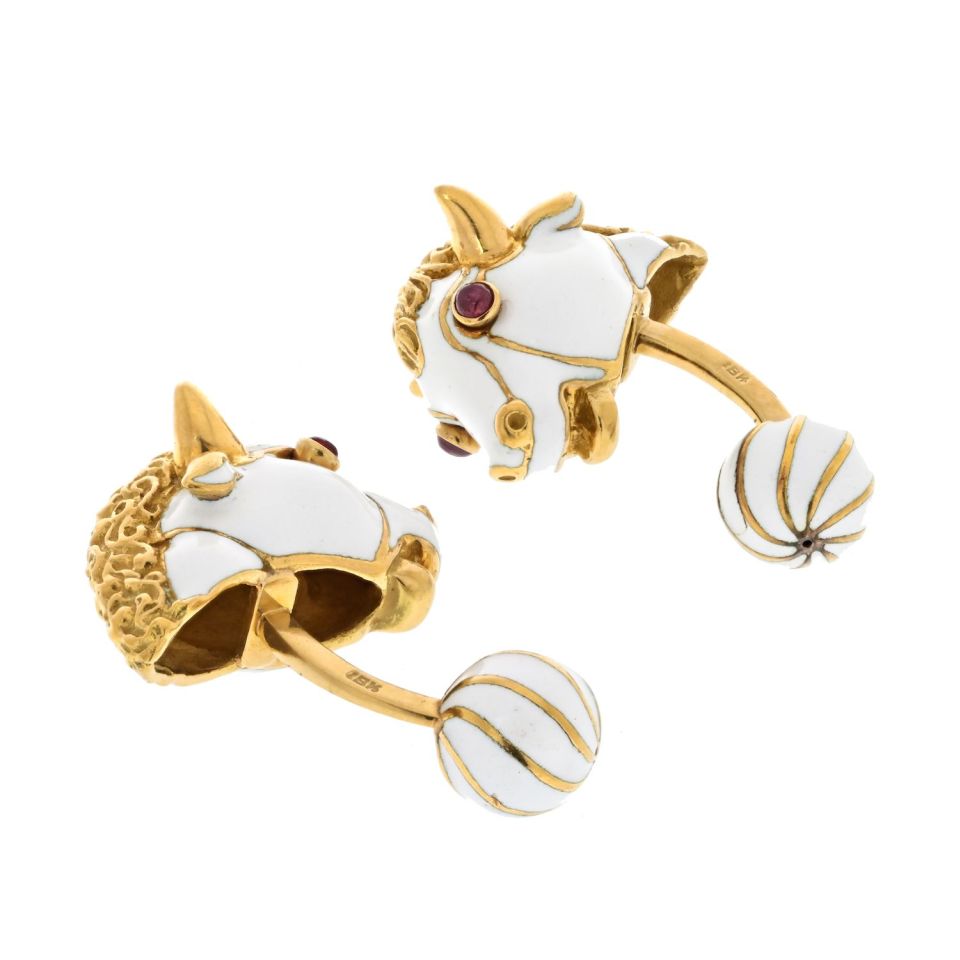 David Webb Platinum & 18K Yellow Gold White Enamel Bull With Ruby Eyes Cuff Links