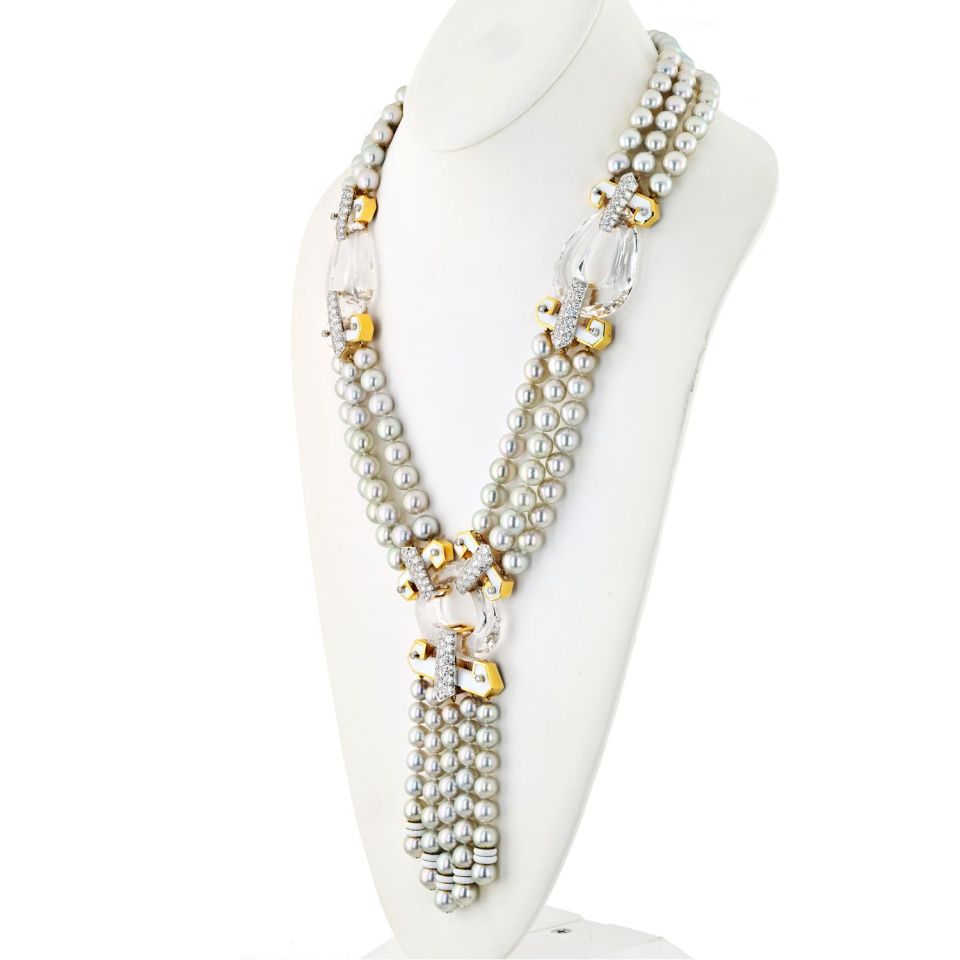 David Webb Platinum & 18K Yellow Gold Dusk Pearl Rock Crystal Diamond White Enamel Necklace