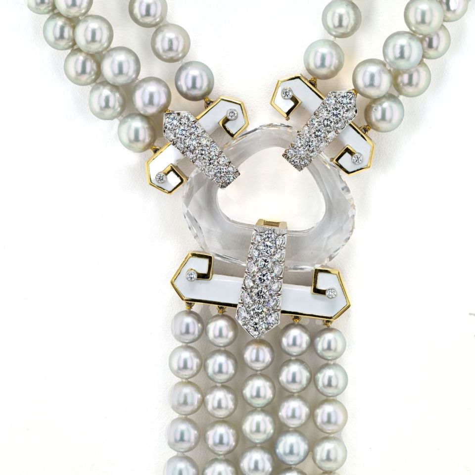 David Webb Platinum & 18K Yellow Gold Dusk Pearl Rock Crystal Diamond White Enamel Necklace