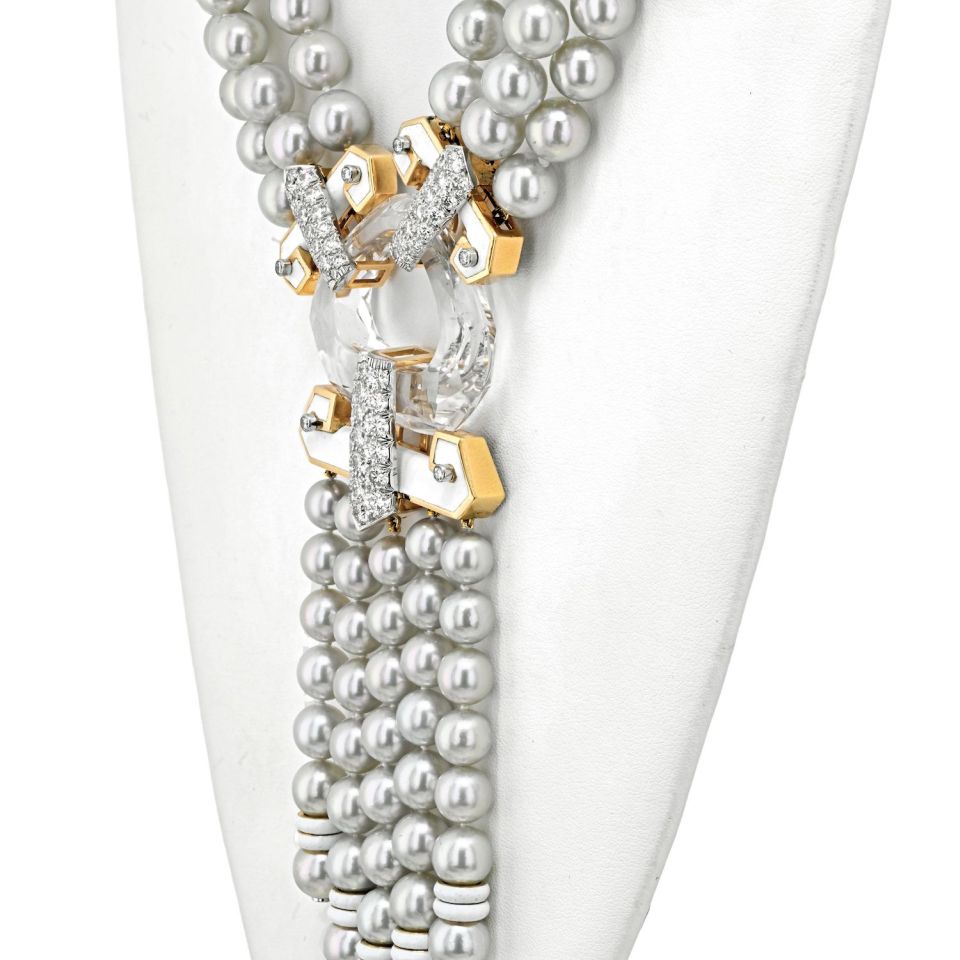 David Webb Platinum & 18K Yellow Gold Dusk Pearl Rock Crystal Diamond White Enamel Necklace