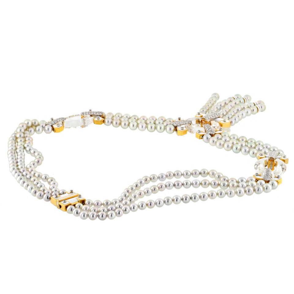 David Webb Platinum & 18K Yellow Gold Dusk Pearl Rock Crystal Diamond White Enamel Necklace
