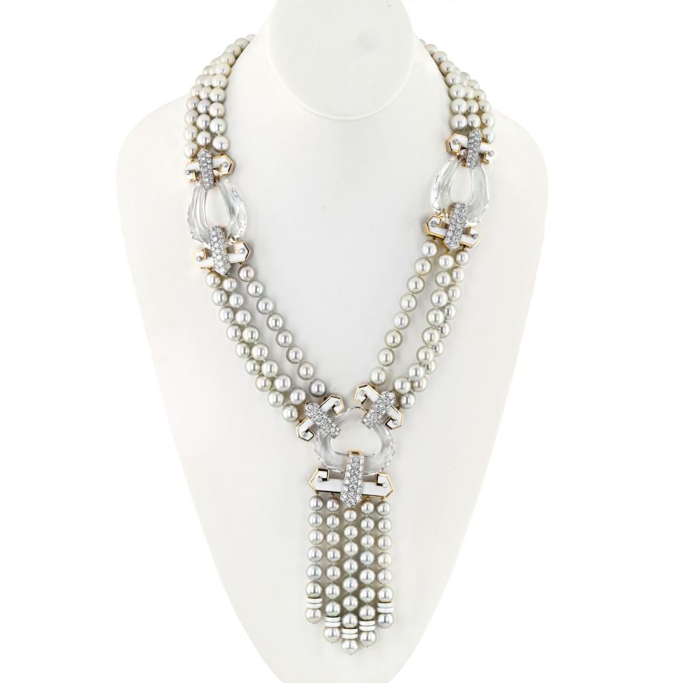 David Webb Platinum & 18K Yellow Gold Dusk Pearl Rock Crystal Diamond White Enamel Necklace