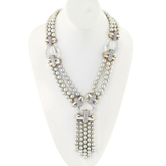 David Webb Platinum & 18K Yellow Gold Dusk Pearl Rock Crystal Diamond White Enamel Necklace