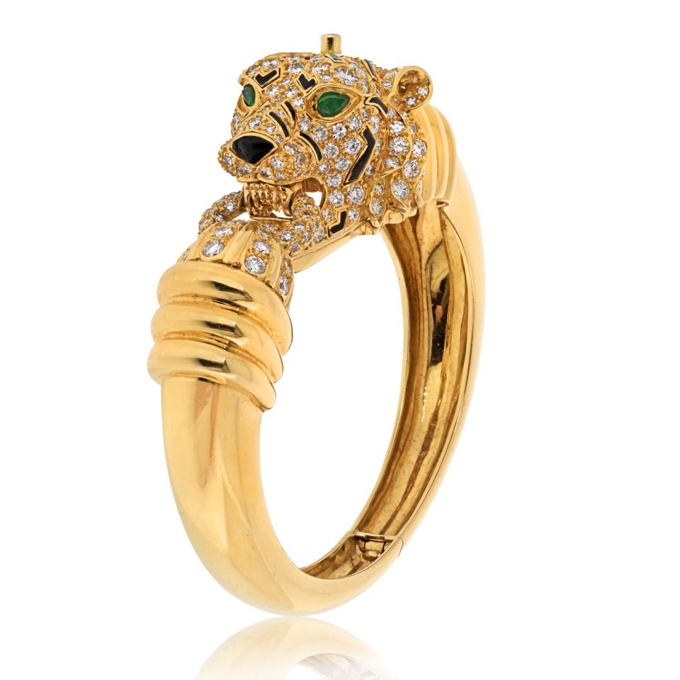 David Webb Platinum & 18K Yellow Gold Tiger Diamond And Enamel Animal Bangle Bracelet