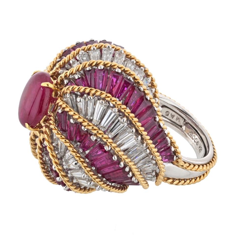 David Webb Platinum & 18K Yellow Gold Ruby And Diamond Turban Ring