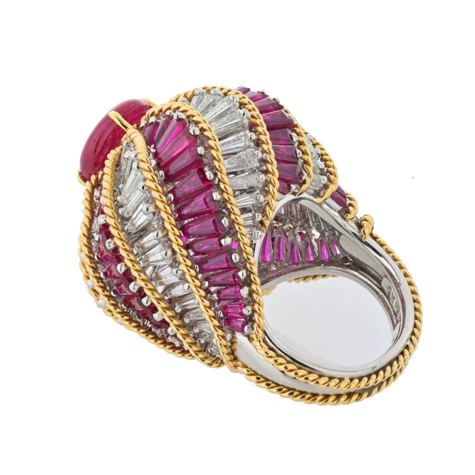 David Webb Platinum & 18K Yellow Gold Ruby And Diamond Turban Ring