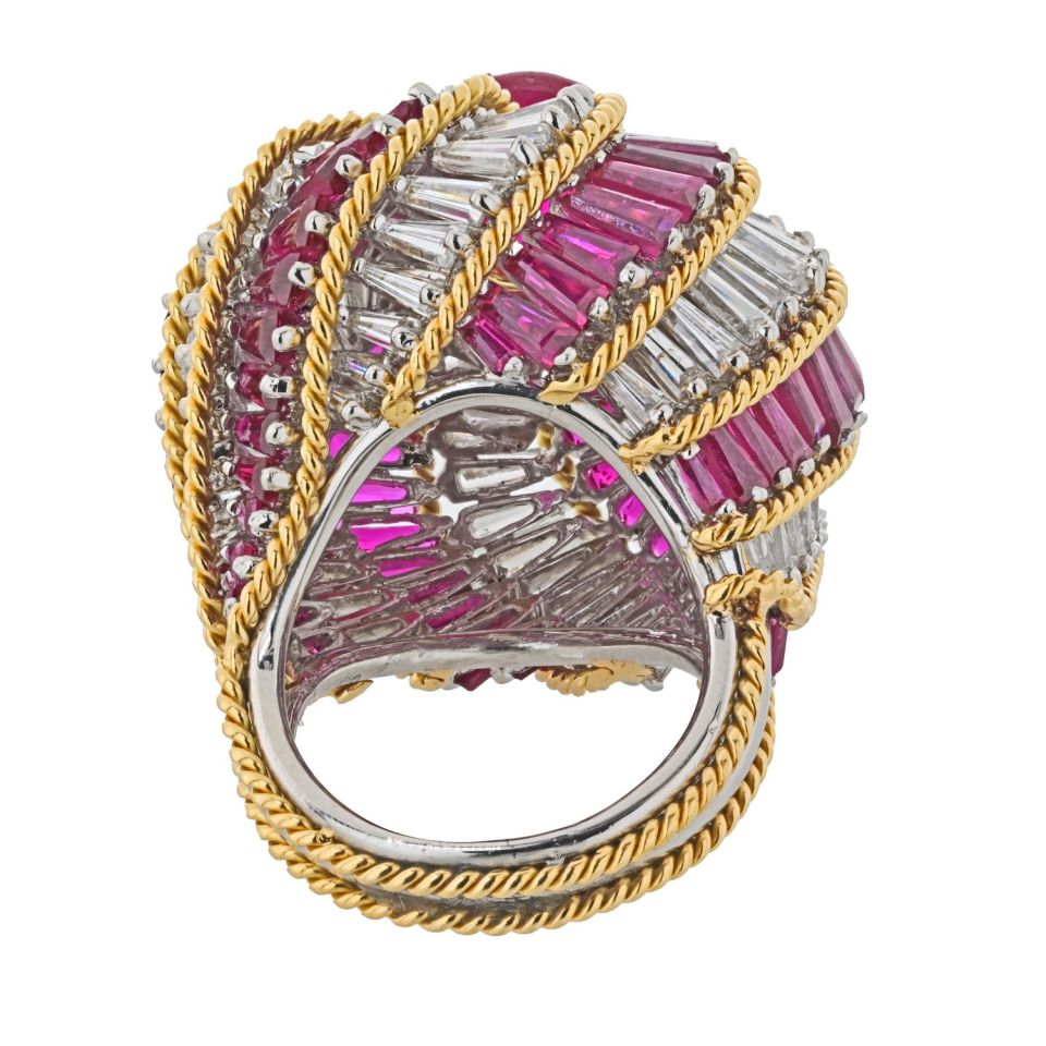 David Webb Platinum & 18K Yellow Gold Ruby And Diamond Turban Ring