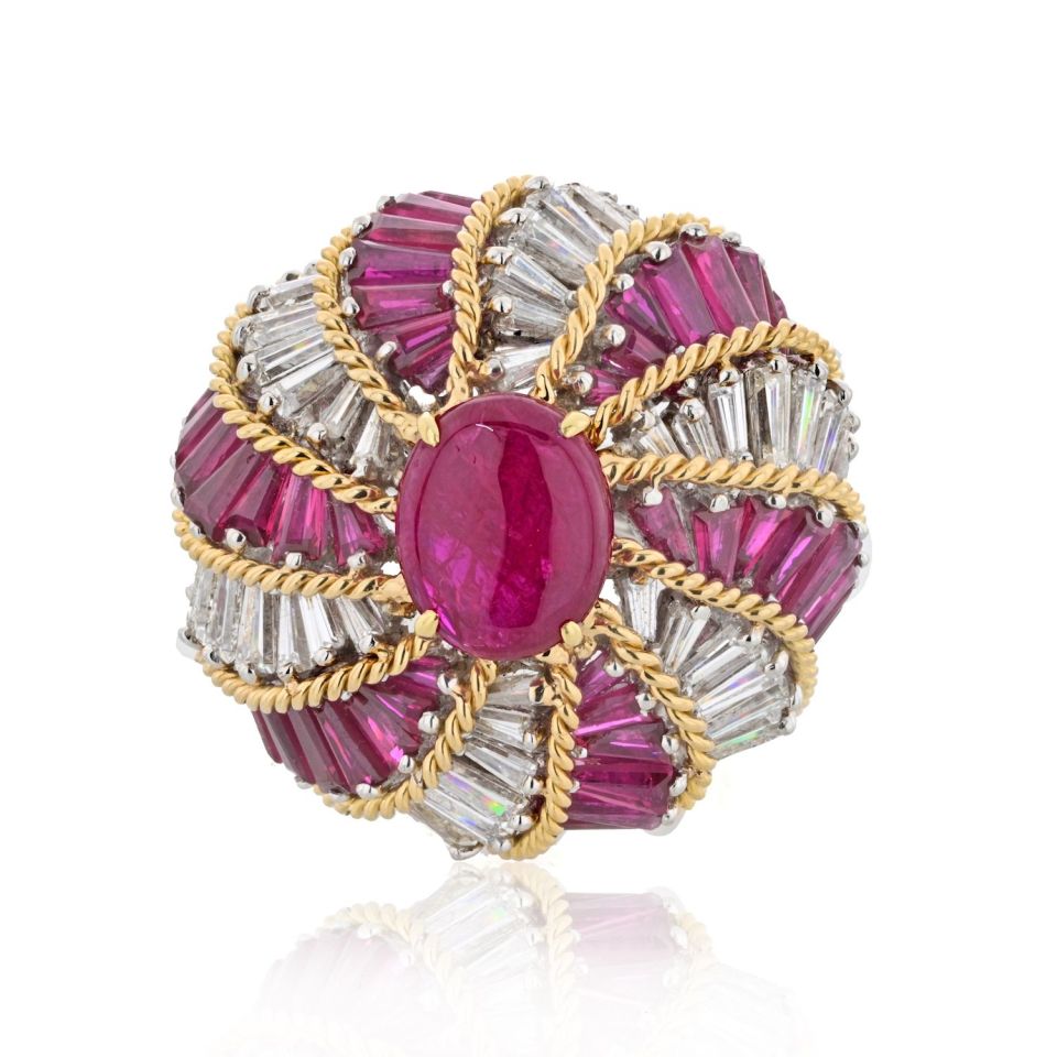 David Webb Platinum & 18K Yellow Gold Ruby And Diamond Turban Ring