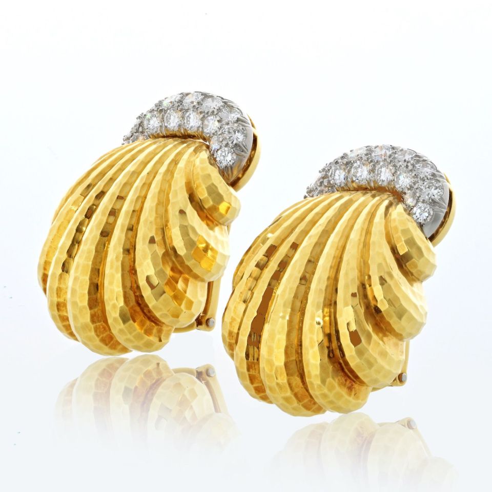 David Webb Platinum & 18K Yellow Gold Shell Motif Diamond Clip On Earrings