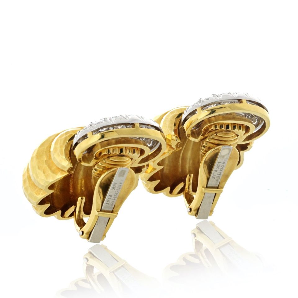 David Webb Platinum & 18K Yellow Gold Shell Motif Diamond Clip On Earrings
