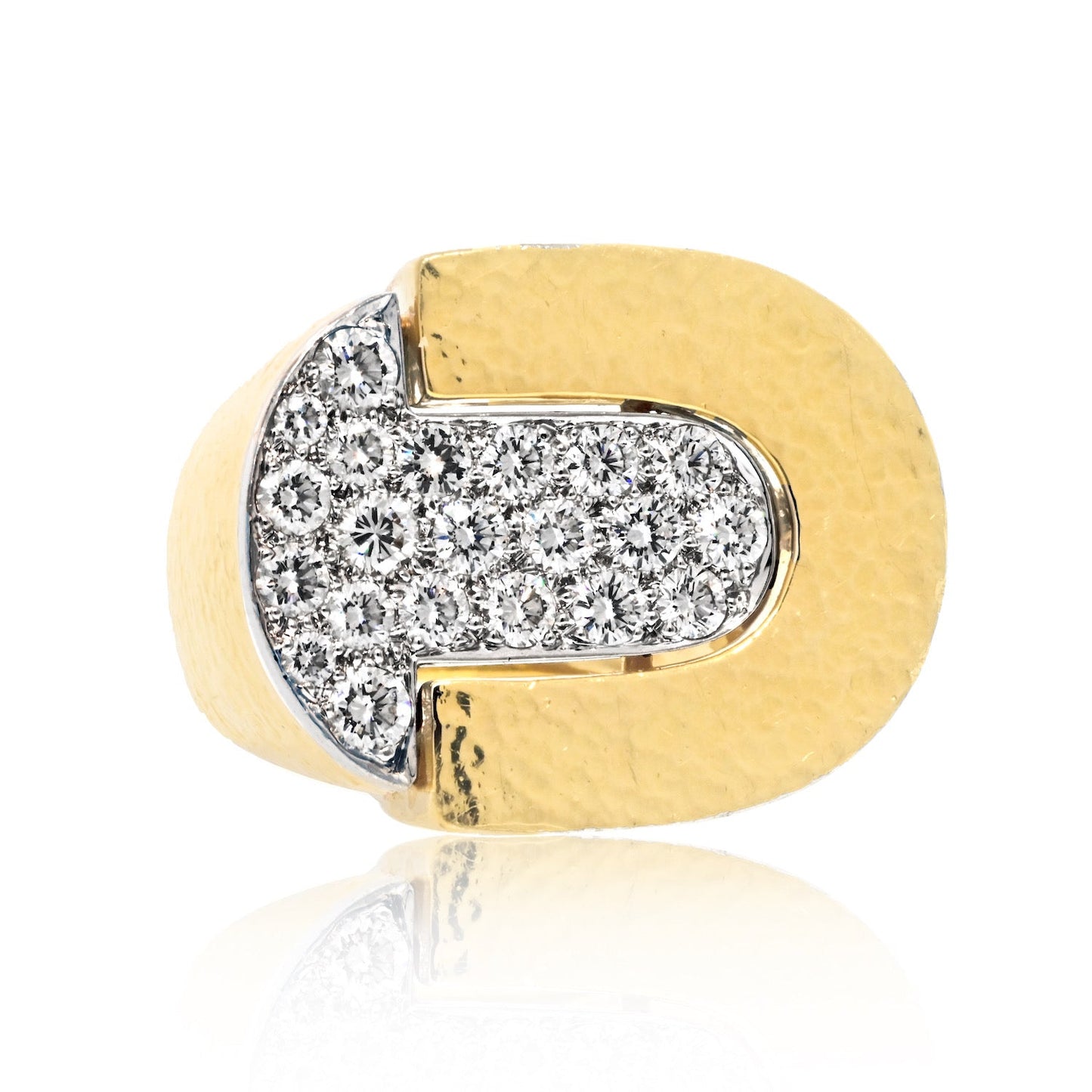 David Webb Platinum & 18K Yellow Gold Pave Hammered Diamond Cocktail Ring