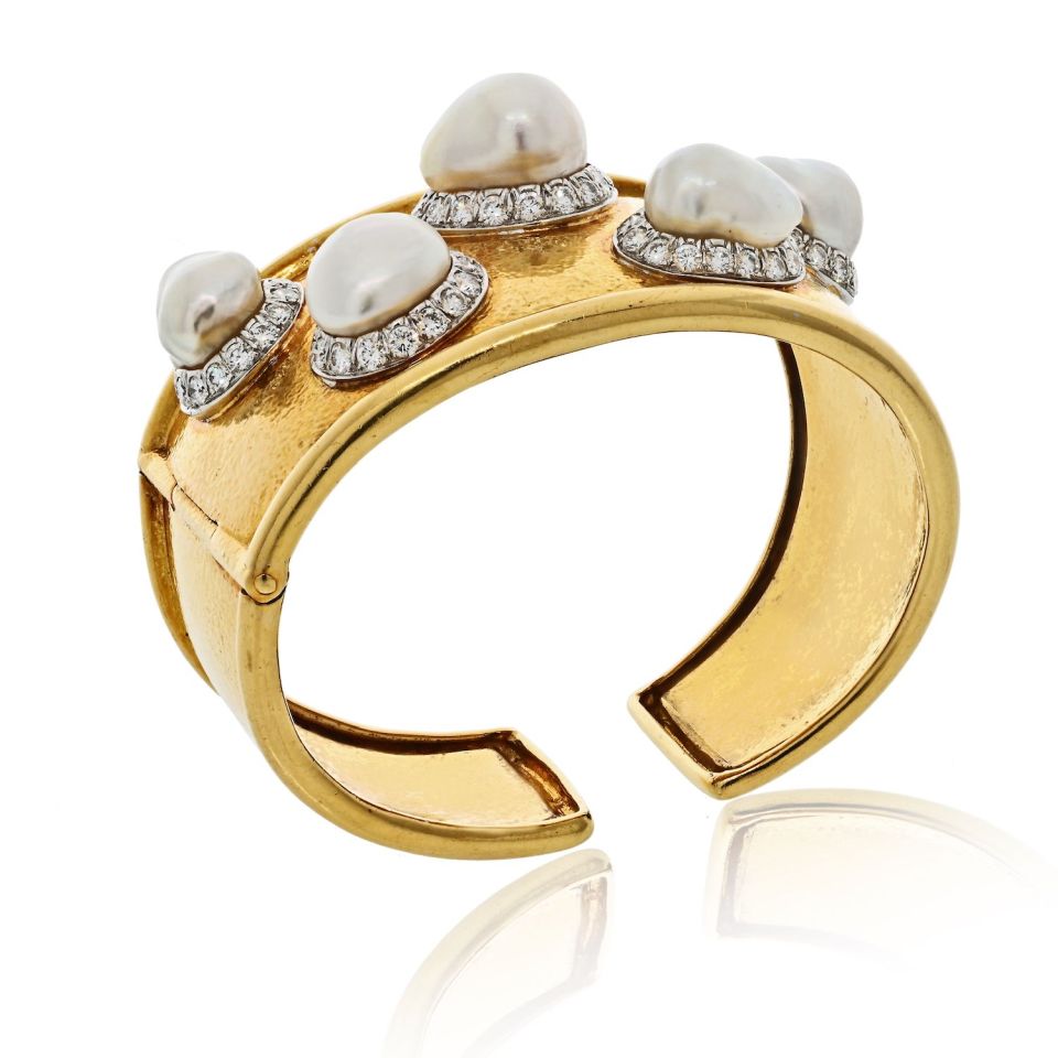 David Webb Platinum & 18K Yellow Gold Hammered Diamond And Baroque Pearl Cuff Bracelet