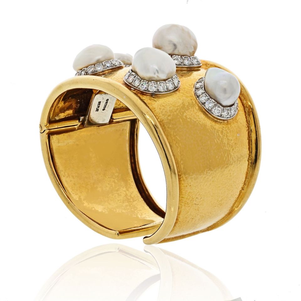 David Webb Platinum & 18K Yellow Gold Hammered Diamond And Baroque Pearl Cuff Bracelet
