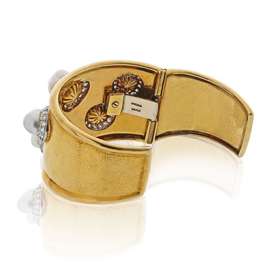 David Webb Platinum & 18K Yellow Gold Hammered Diamond And Baroque Pearl Cuff Bracelet