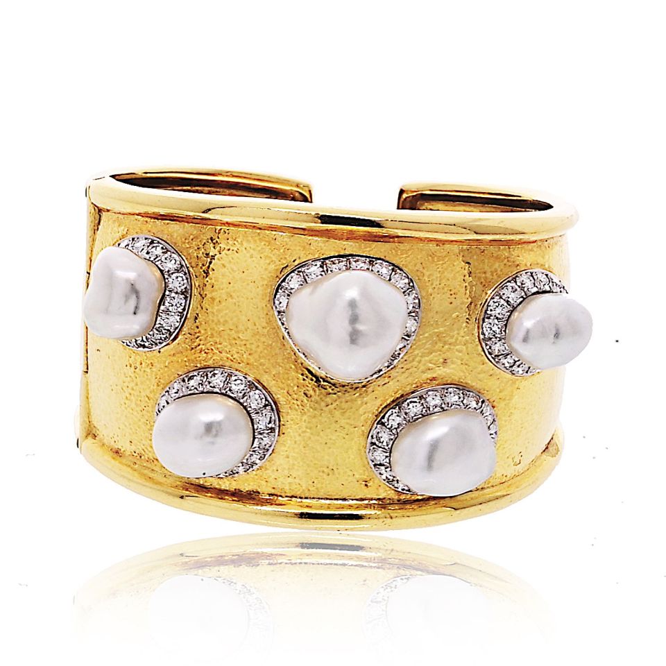 David Webb Platinum & 18K Yellow Gold Hammered Diamond And Baroque Pearl Cuff Bracelet