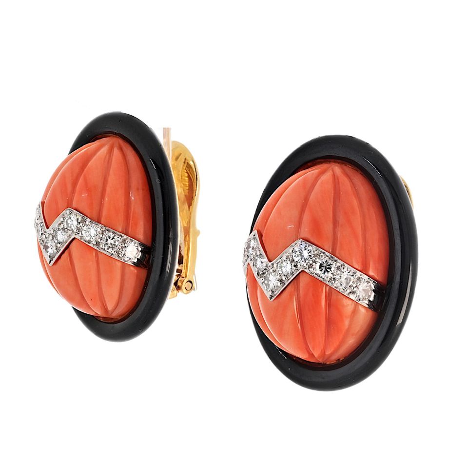 David Webb Platinum & 18K Yellow Gold Coral Carved Black Enamel Oval Clip Earrings