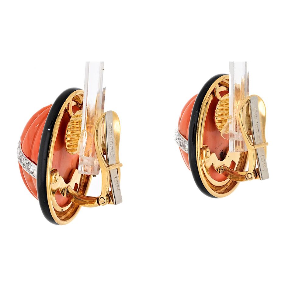 David Webb Platinum & 18K Yellow Gold Coral Carved Black Enamel Oval Clip Earrings