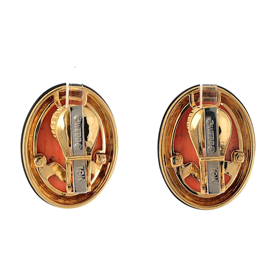 David Webb Platinum & 18K Yellow Gold Coral Carved Black Enamel Oval Clip Earrings