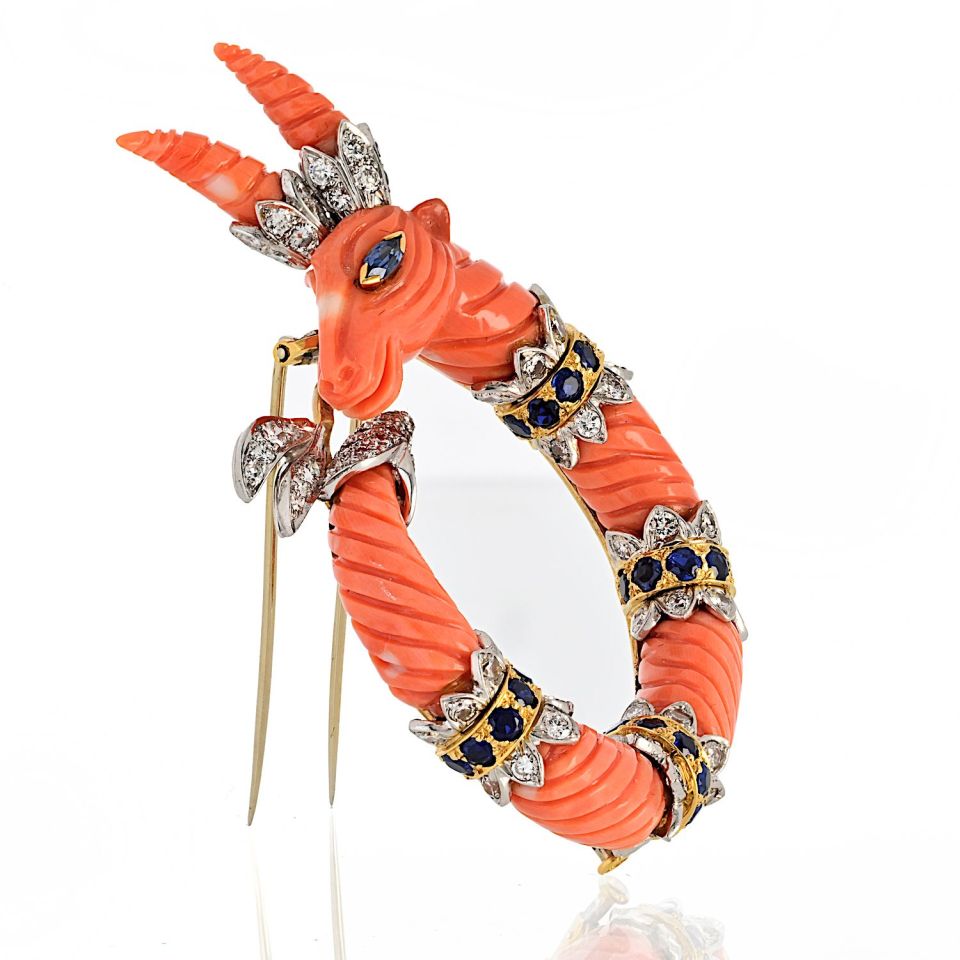 David Webb Platinum & 18K Yellow Gold Carved Coral Mountain Goat Capricorn Brooch