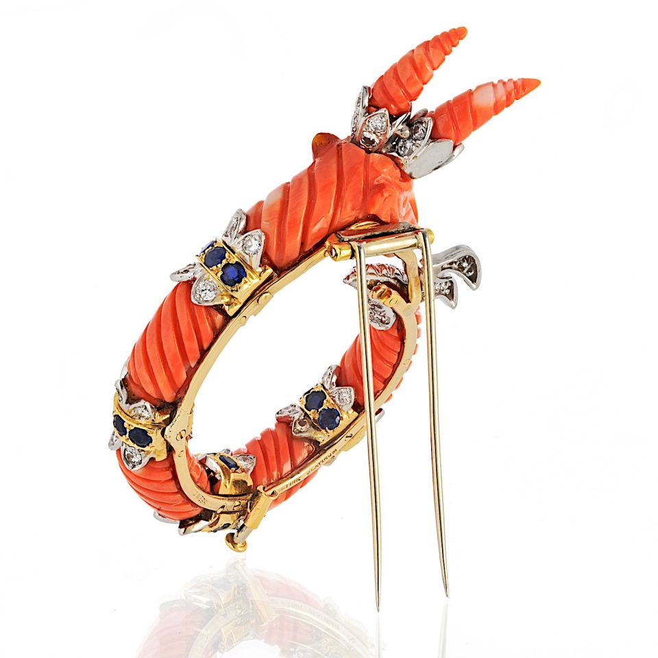 David Webb Platinum & 18K Yellow Gold Carved Coral Mountain Goat Capricorn Brooch