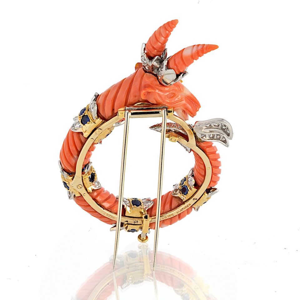 David Webb Platinum & 18K Yellow Gold Carved Coral Mountain Goat Capricorn Brooch