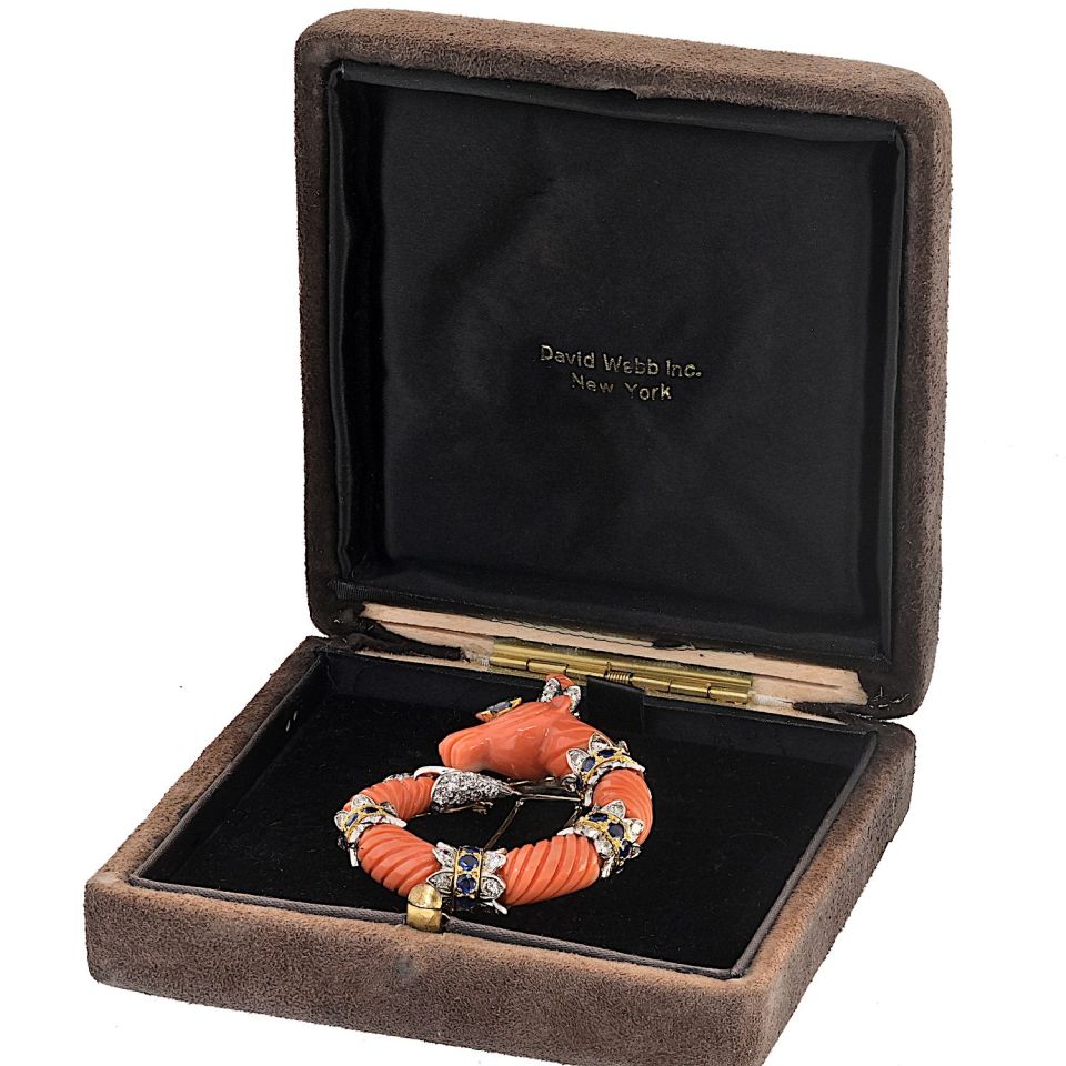 David Webb Platinum & 18K Yellow Gold Carved Coral Mountain Goat Capricorn Brooch