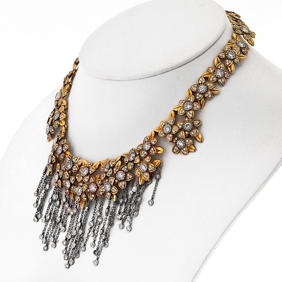 Kieselstein Cord 18K Two Tone Diamond Flower Drop Dangle Tassel Necklace