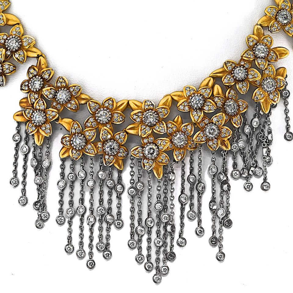 Kieselstein Cord 18K Two Tone Diamond Flower Drop Dangle Tassel Necklace
