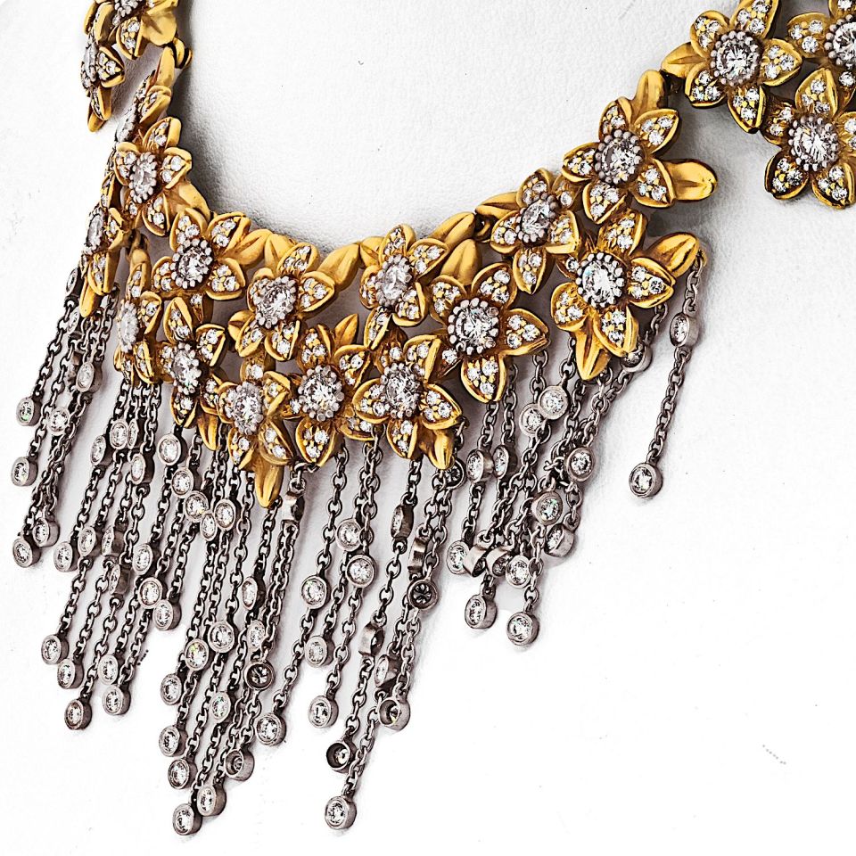 Kieselstein Cord 18K Two Tone Diamond Flower Drop Dangle Tassel Necklace