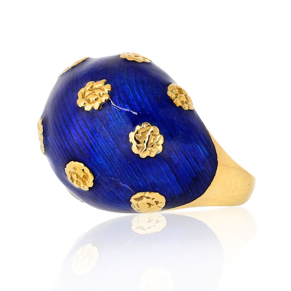 Van Cleef & Arpels 18K Yellow Gold 1970's Blue Enamel Ring And Earrings Jewelry Set