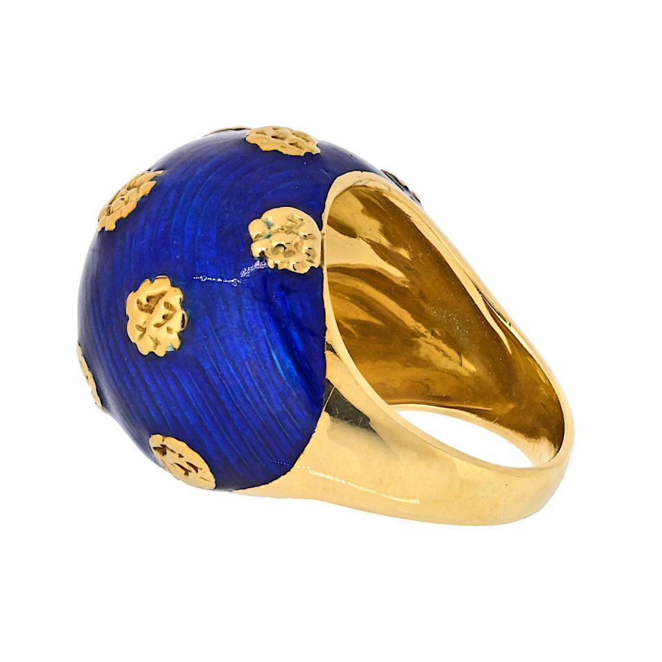 Van Cleef & Arpels 18K Yellow Gold 1970's Blue Enamel Ring And Earrings Jewelry Set