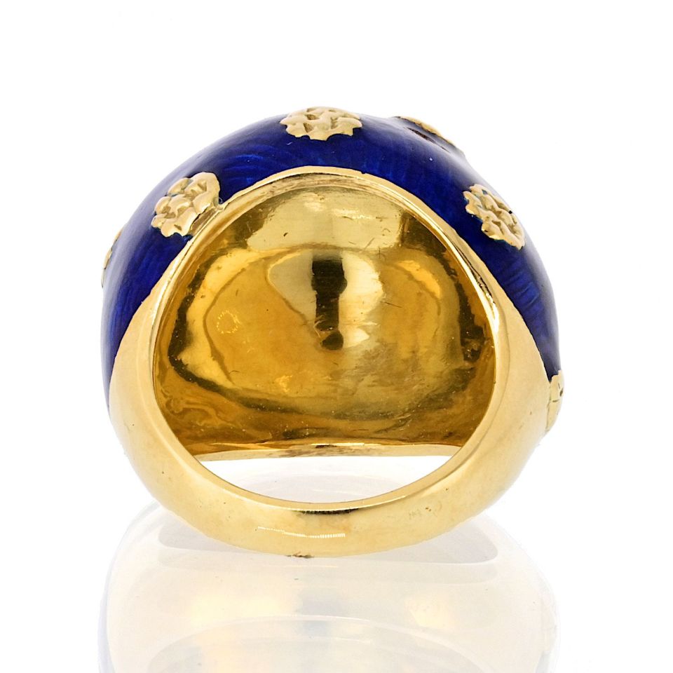 Van Cleef & Arpels 18K Yellow Gold 1970's Blue Enamel Ring And Earrings Jewelry Set