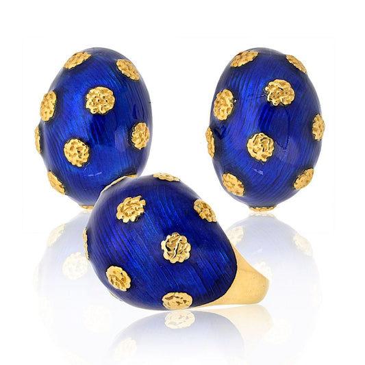 Van Cleef & Arpels 18K Yellow Gold 1970's Blue Enamel Ring And Earrings Jewelry Set