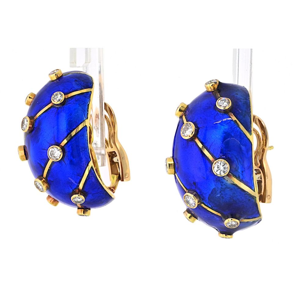 Tiffany & Co. Schlumberger Platinum & 18K Yellow Gold Blue Enamel And Diamond Earrings