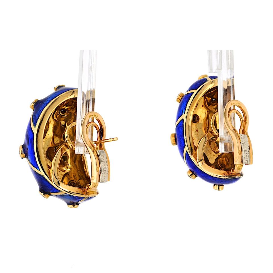 Tiffany & Co. Schlumberger Platinum & 18K Yellow Gold Blue Enamel And Diamond Earrings
