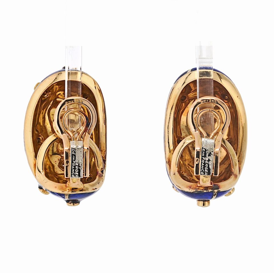 Tiffany & Co. Schlumberger Platinum & 18K Yellow Gold Blue Enamel And Diamond Earrings