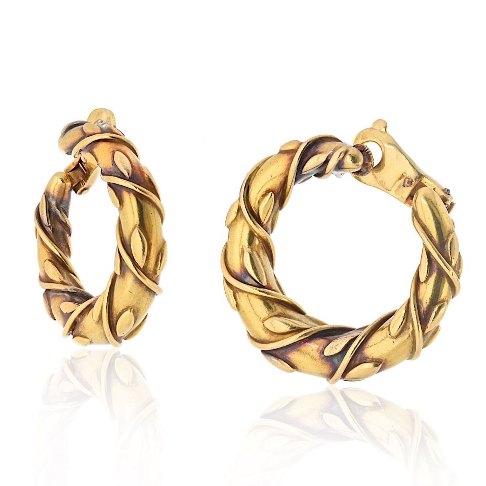 Vintage 18K Yellow Gold Vine Front Facing Hoop Earrings