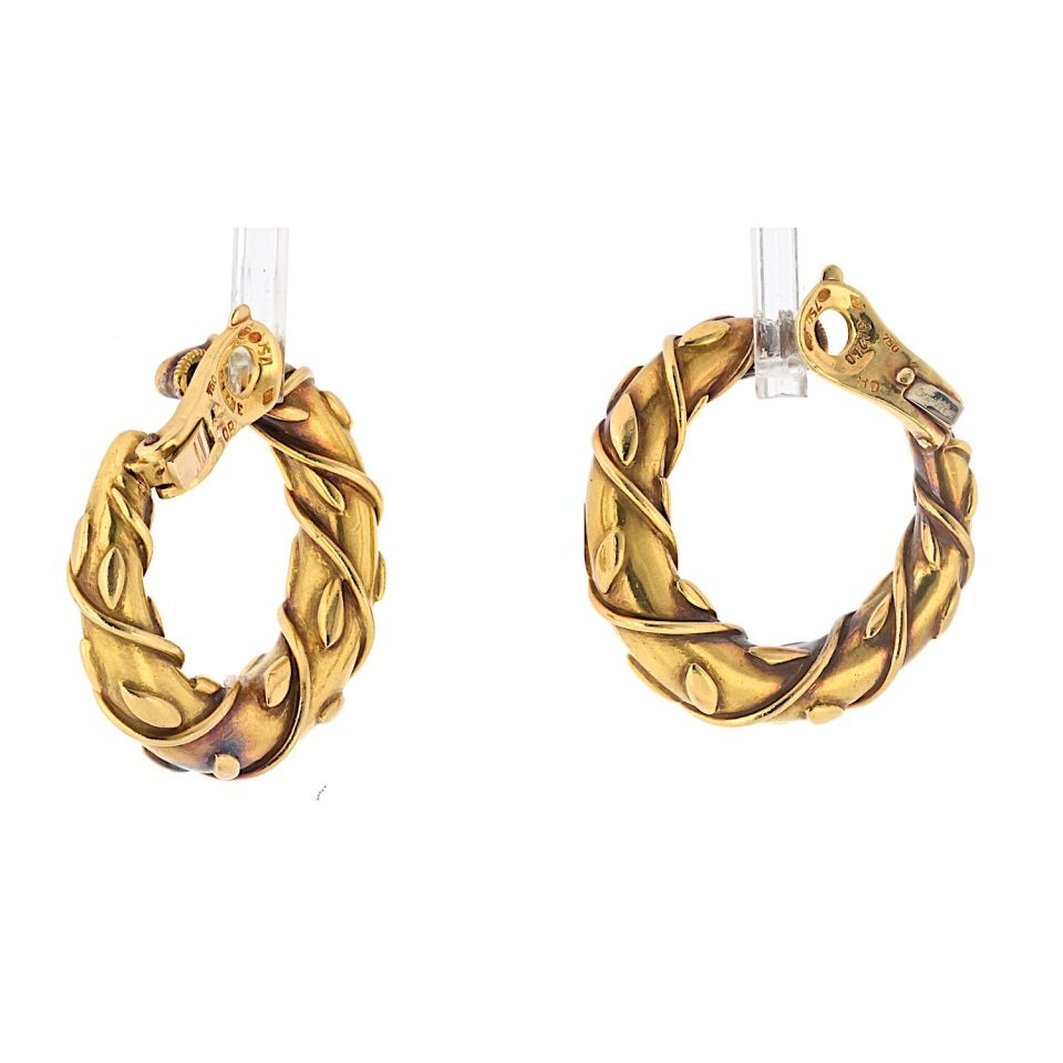 Vintage 18K Yellow Gold Vine Front Facing Hoop Earrings