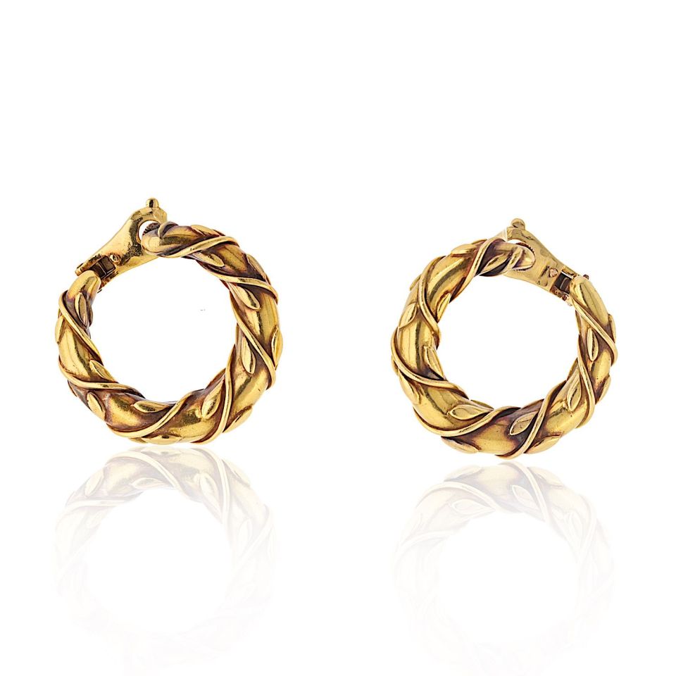 Vintage 18K Yellow Gold Vine Front Facing Hoop Earrings
