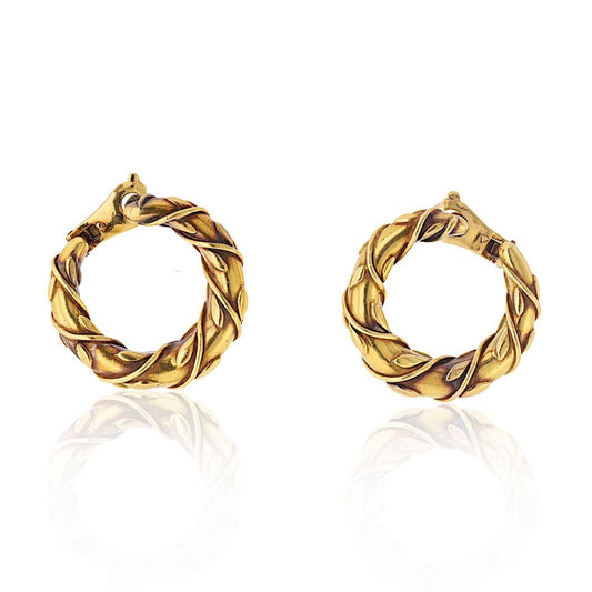 Vintage 18K Yellow Gold Vine Front Facing Hoop Earrings