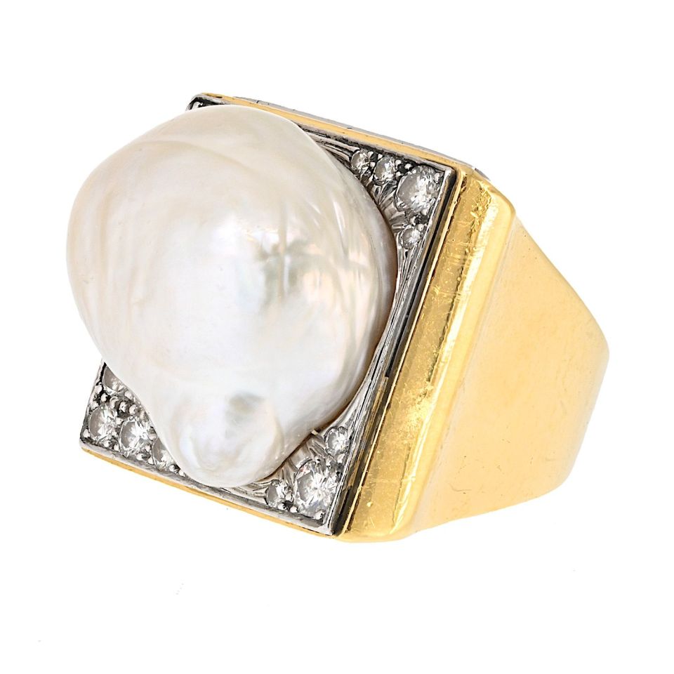 David Webb Platinum & 18K Yellow Gold Baroque Pearl Diamond Ring