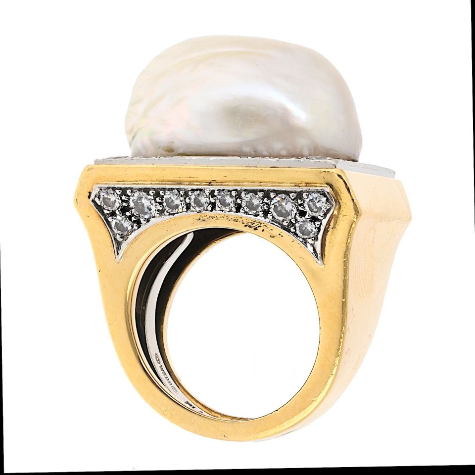 David Webb Platinum & 18K Yellow Gold Baroque Pearl Diamond Ring