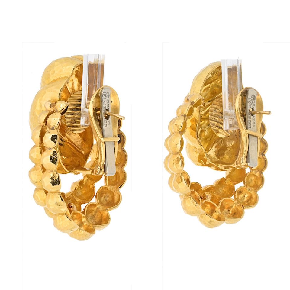 David Webb 18K Yellow Gold Hammered Textured Door Knockers Earrings