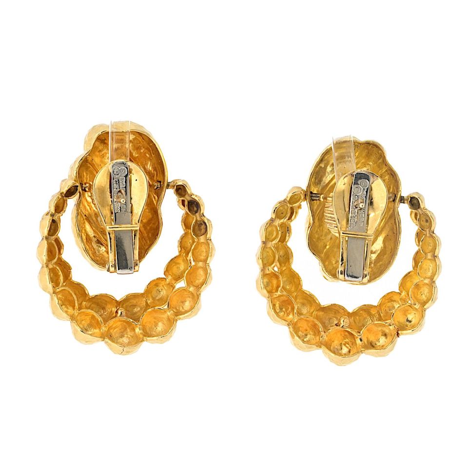 David Webb 18K Yellow Gold Hammered Textured Door Knockers Earrings